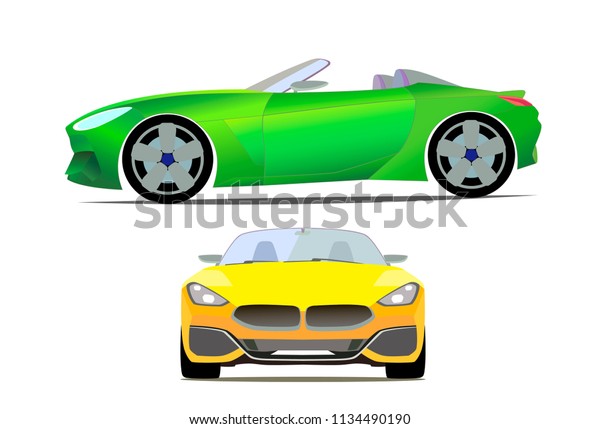 Flat style sports cars\
are yellow and green; isolated on a white fond: side view and front\
view; vector
