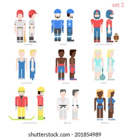 Flat style sportsmen people vector icon set. Baseball batter, hockey, football, tennis player, boxer, skateboarder, karate fighter, athlete. Flat sportsman people collection.