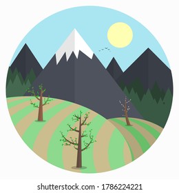 Paisaje de primavera de estilo plano en un marco redondo. Día soleado en las montañas con el bosque en el fondo. Colinas, árboles con hojas y montañas.