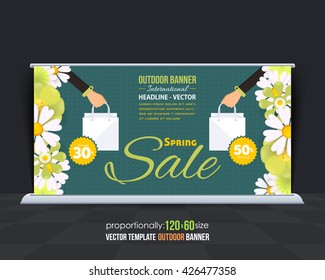 Flat Style Spring Season Sale Theme Outdoor Banner Design, Advertising Template, Colorful Flowers Illustration