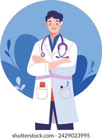 Ilustración de carácter de doctor masculino de pie de estilo plano, Trabajadores médicos, chequeos de salud física