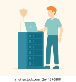 Flat Style Standing System Administrator Configuring Server Rack Illustration