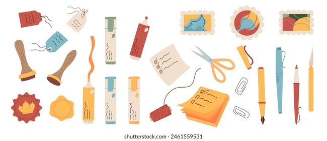 Flat style stationery and postal stamps set, trendy cartoon pen, pencil and highlighter marker with wax seal, badge and scissors colorful vector collection, handwritten label, note and sheet of paper