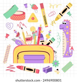 Flat style stationery set. School or office stationery. Kids school pencil case with various pens, pencils, scotch tape, paper clips, markers and other items.