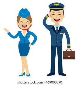 Flat style stewardess and pilot characters standing isolated on white background