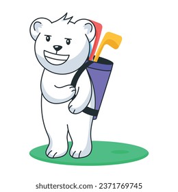 Pegatina de estilo plano de un oso con bolsa de golf 