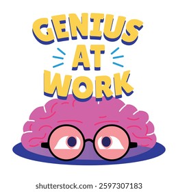 Flat style sticker of a brain wearing glasses with genius at work typography 