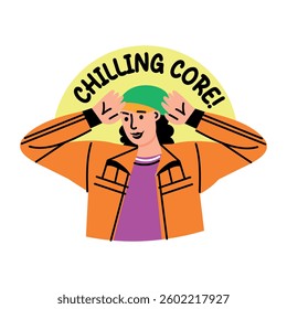 A flat style sticker of a character with chilling core typography 