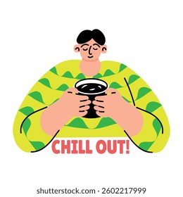 A flat style sticker of a chilling character drinking coffee 