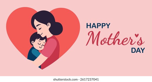 Flat style sticker featuring a loving mom hugging her son inside a heart shape with "Happy Mother’s Day" text. Greeting card template, cute vector illustration. Symbol of love, care, and family.
