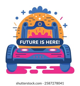 A flat style sticker of futuristic vehicle with the text future is here 
