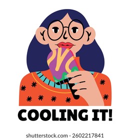 A flat style sticker of a girl eating popsicle with cooling it typography 