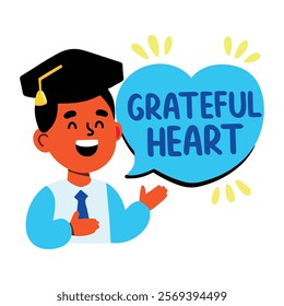 A flat style sticker of graduation student saying grateful heart 