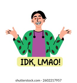 Flat style sticker of a laughing character with lmao typography 