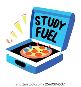 A flat style sticker of a pizza box and study fuel written on this box 