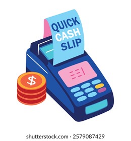 A flat style sticker of pos machine with cash slip 