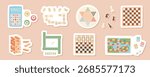 Flat style sticker set of board games. Includes chess, bingo, domino, dice, and puzzle pieces. Fun and playful boardgame collection for family entertainment or childhood table play.