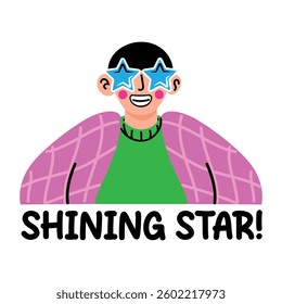 A flat style sticker of a shining star character 