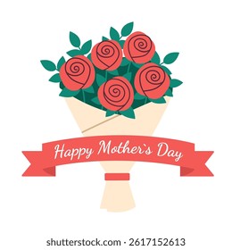 Flat style sticker showing a bouquet of red roses wrapped with a ribbon that reads "Happy Mother’s Day". Symbol of love, gratitude, and celebration. Vector. A greeting card for mom.