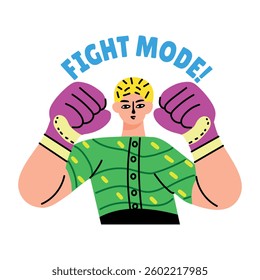 Flat style sticker showing a boxing character with fight mode typography 