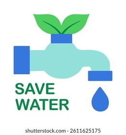 Flat style sticker showing a faucet with a water drop and "Save Water" text. Symbol of conservation, sustainability, and eco awareness. Isolated on a white background.