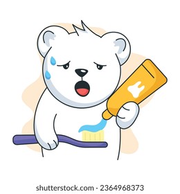 Flat style sticker of a sleepy bear brushing teeth 