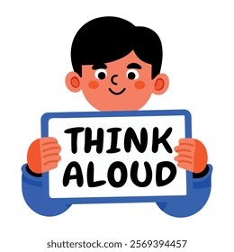 A flat style sticker of a student holding a banner written think aloud on it 