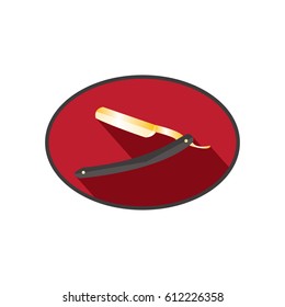 Flat style straight razor with long shadow effect. Vector logo of barber tool. Vintage razor illustration isolated on white background
