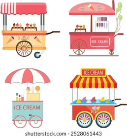 Flat style Street food carts of  ice cream. Fast food truck, festival stall. Small business concept vector illustration.