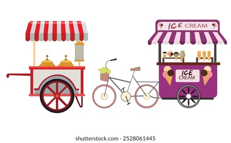 Flat style Street food carts of  ice cream. Fast food truck, festival stall. Small business concept vector illustration.