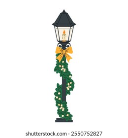 Flat style street lamp with Christmas garland. Winter mistletoe berries. Garland of spruce branches. Festive illustration on white background.