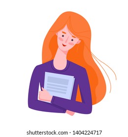 Flat style Student young girl holding notebooks. Education concept. Vector character illustration on white background.
