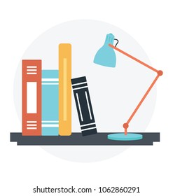 
Flat style study desk with books and lamp icon
