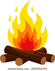 Flat Style Stylized Campfire with Smooth Dark Brown Logs and Vibrant Layered Flame in Yellow, Orange, and Red Orange