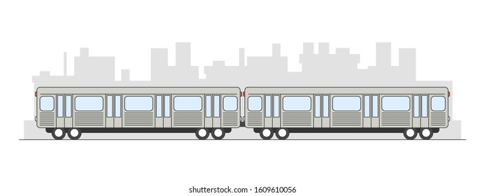 Flat style subway train with city landscape behind isolated on white background. Side view cartoon vector illustration.