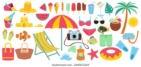 Flat style summer and beach elements set. Summer time icon. Summer vacation set. Sea and ocean recreation attributes. Vector cartoon illustration isolated on white background