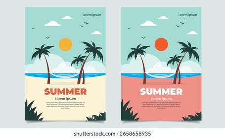 Flyer de playa de verano de estilo plano con palmeras e ilustración de hamaca