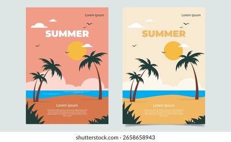 Flat Style Summer Beach Flyer with Palm Trees and Hammock Illustration