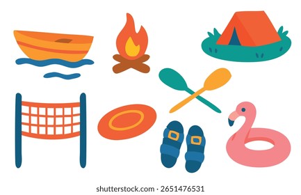 Ilustração de acampamento de verão de estilo plano com caiaque, rede de vôlei, remo, tenda, fogueira e bola de praia. Perfeito para atividades ao ar livre, viagens e projetos temáticos de aventura