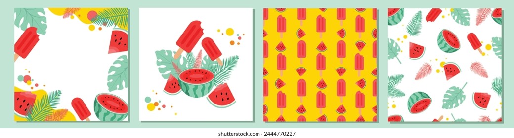 Conjunto de Colección grande de Elementos de diseño de verano de estilo plano decorado con rebanadas de sandía, helado de paleta de palomitas y hojas de palmera Venta de verano o concepto de Festiva. Se puede imprimir o utilizar en Sitios web.