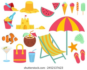 Flat style summer elements set. Summer time icon. Summer vacation set. Sea and ocean recreation attributes. Vector cartoon illustration isolated on white background