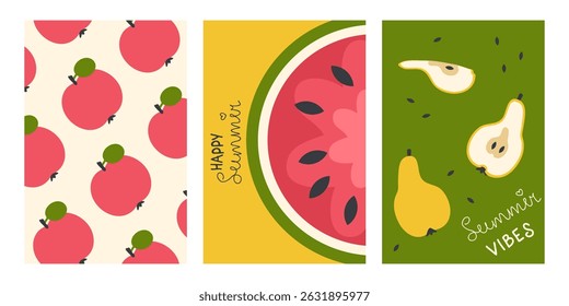 Flat style summer fruits posters collection. Perfect template for banner, cover, label, sale, card. Hand drawn vector illustration.