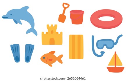 Ilustração de verão de estilo plano com golfinho, snorkel, barbatanas, veleiro, castelo de areia e brinquedos de praia. Perfeito para férias com temática oceânica, atividades infantis e design de férias tropicais