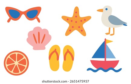 Flat style summer illustration with sunglasses, seagull, starfish, flip flops, sailboat, seashell, and orange slice. Ideal for beach, holiday, and tropical vacation themes