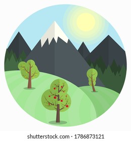 Flat-Style Sommerlandschaft in einem runden Rahmen. Sonniger Tag in den Bergen mit Wald auf dem Hintergrund. Bäume auf den Hügeln mit Blättern und Früchten.