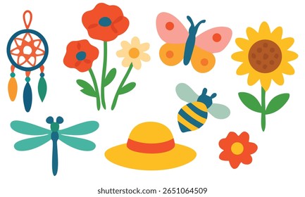 Ilustração da natureza do verão de estilo plano com flores, borboleta, abelha, libélula, joaninha e chapéu de sol. Perfeito para projetos de design de jardim, florais, com temas de insetos ou de primavera e verão