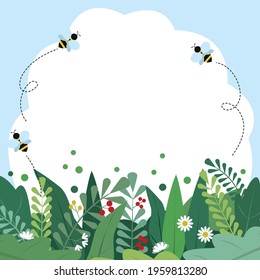 Flat style summer or spring background with leaves, flowers and flying bees. Cartoon vector illustration design template for greeting card, poster, banner, sale, flyer etc. Colorful floral background