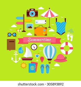 Flat Style Summer Time Travel Concept. Summer Vacation Flat Design Circle Shaped Objects Set. Vector Illustration. Collection of Summer Holidays and Beach Resort Colorful Objects.