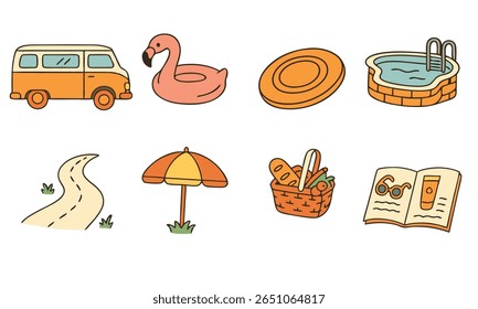 Flat style summer travel illustration with suitcase, map, hat, sandals, newspaper, and sun. Ideal for vacation planning, holiday packing, and tourism-related design projects
