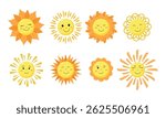Flat Style Sun Icons with Cute Expressions. Set of eight  sun icons with smiling faces and varied sunray designs in a flat, playful style on white background